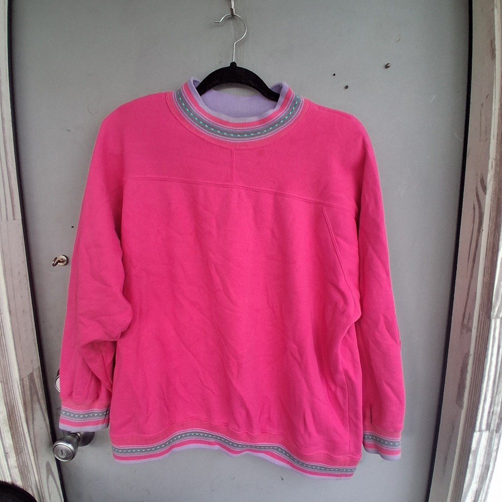 True Vintage 80s 90s Mervyns Pink Mock Neck Grandm Sweatshirt Striped Trim L